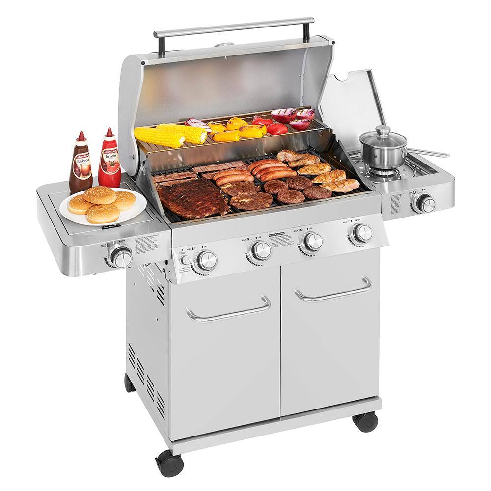 Monument Grills 24367 4-Burner Propane Gas Grill in Stainless with LED Controls. Side and Side Sear Burners