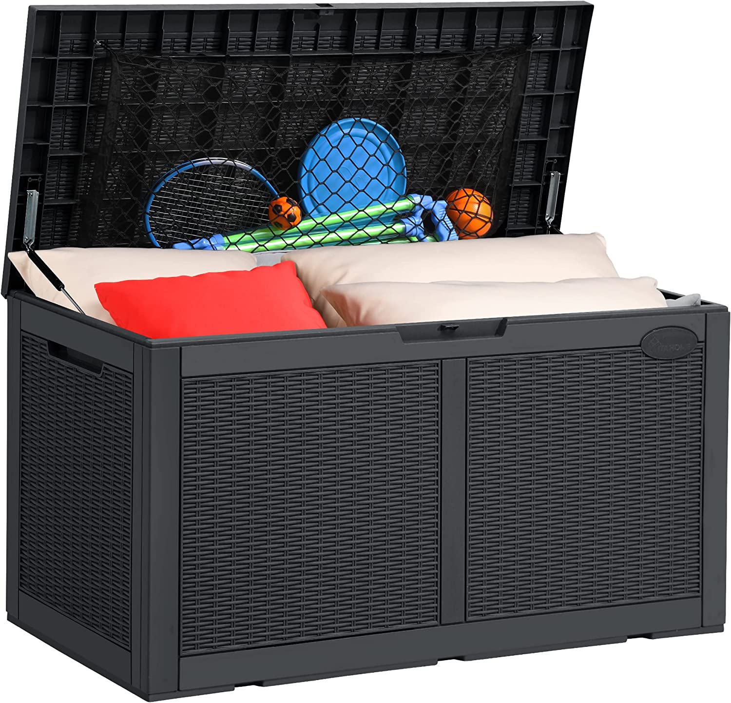YITAHOME 100 Gallon Large Deck Box w/Storage Net. Resin Outdoor Storage Boxes. Waterproof Patio Cushion Storage Bench for Patio Furniture. Pool Supplies. Garden Tools- Rattan.Lockable (Dark Grey)