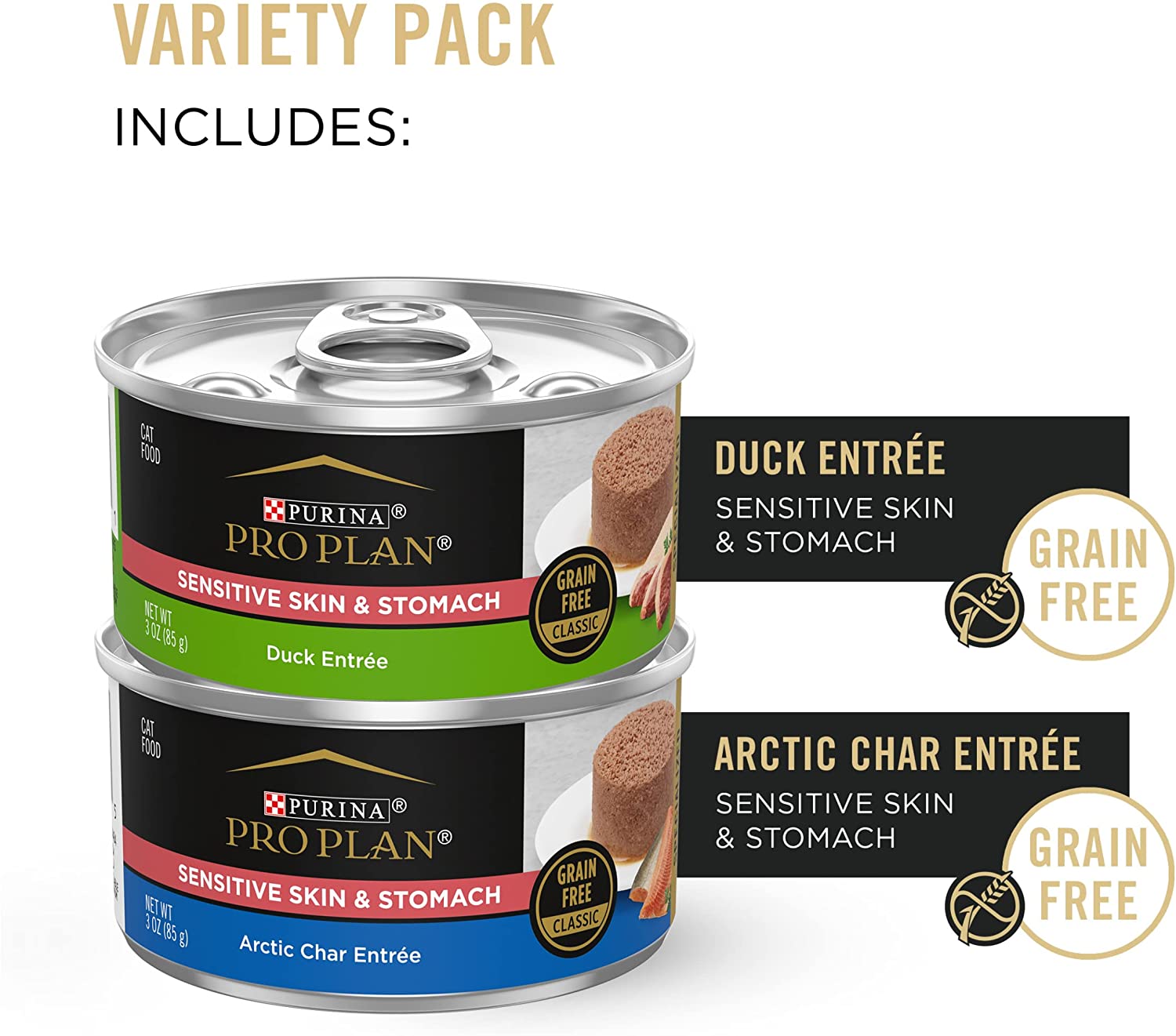 Purina Pro Plan Sensitive Skin and Stomach Wet Cat Food Variety Pack. Duck and Artic Char Entrees - (24) 3 oz. Cans