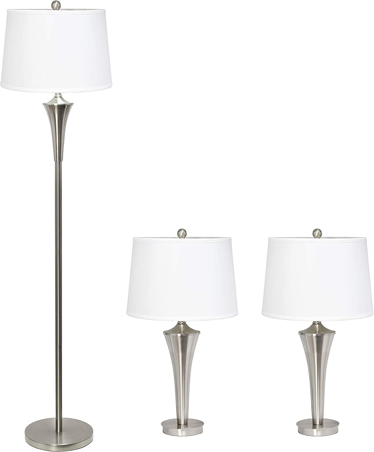 Elegant Designs 3 Pack Lamp Set with White Shades. Brushed Nickel