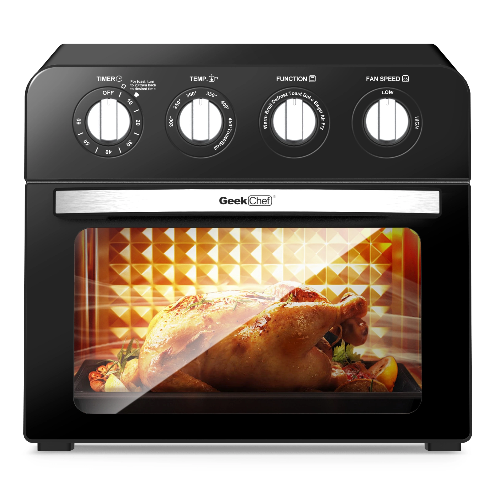 Geek Chef Air Fryer Oven . Countertop Toaster Oven.3-Rack Levels. 4 mechinical knobs. Black housing with single glass door(24 QT 1700W)