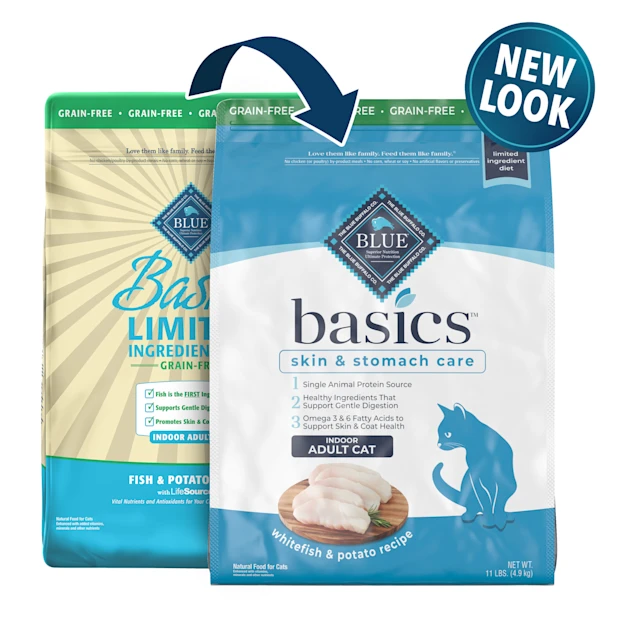Blue Buffalo Blue Basics Skin & Stomach Care Natural Adult Grain Free Indoor Fish & Potato Adult Dry Cat Food. 11 lbs.