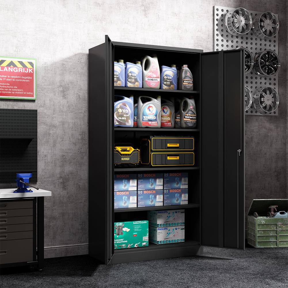 Hephastu HD-DH001 72 in. Tall Black Metal Storage Cabinet with 2-Doors and 4-Shelves. Steel Storage Freestanding Cabinet in Black