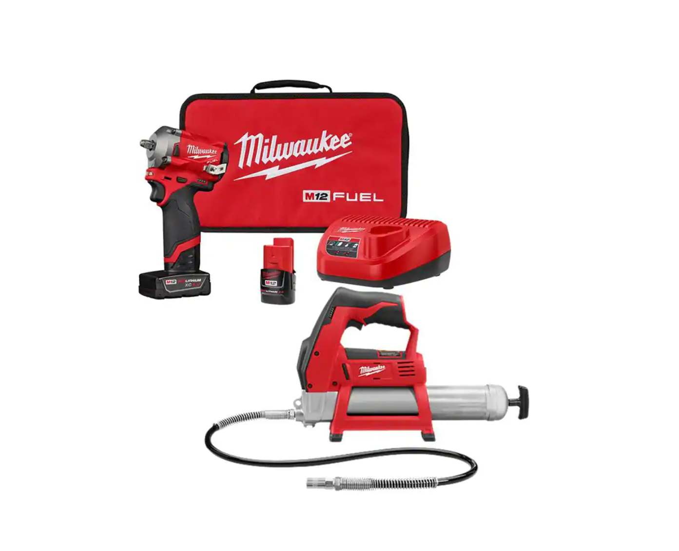 Milwaukee 2554-22-2446-20 M12 FUEL 12V Lithium-Ion Cordless Stubby 3/8 in. Impact Wrench Kit with Grease Gun. One 4.0 and One 2.0Ah Battery