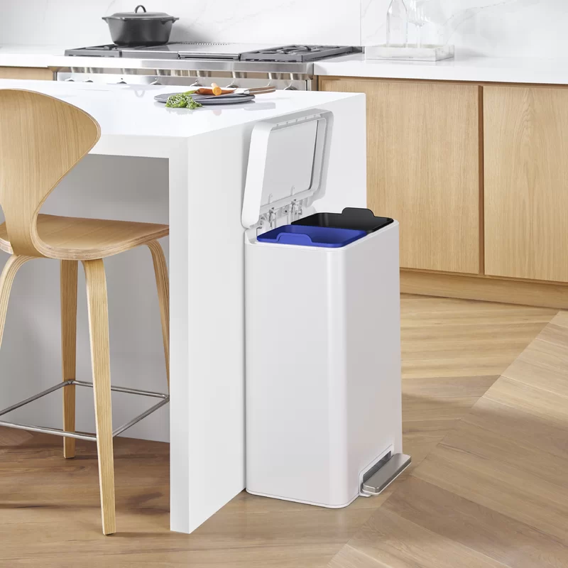 KOHLER K-20956-STW 11 Gallon Hands-Free Dual Compartment Recycling Kitchen Step Can. Trash Can with Foot Pedal. Quiet-Close Lid. White Stainless Steel