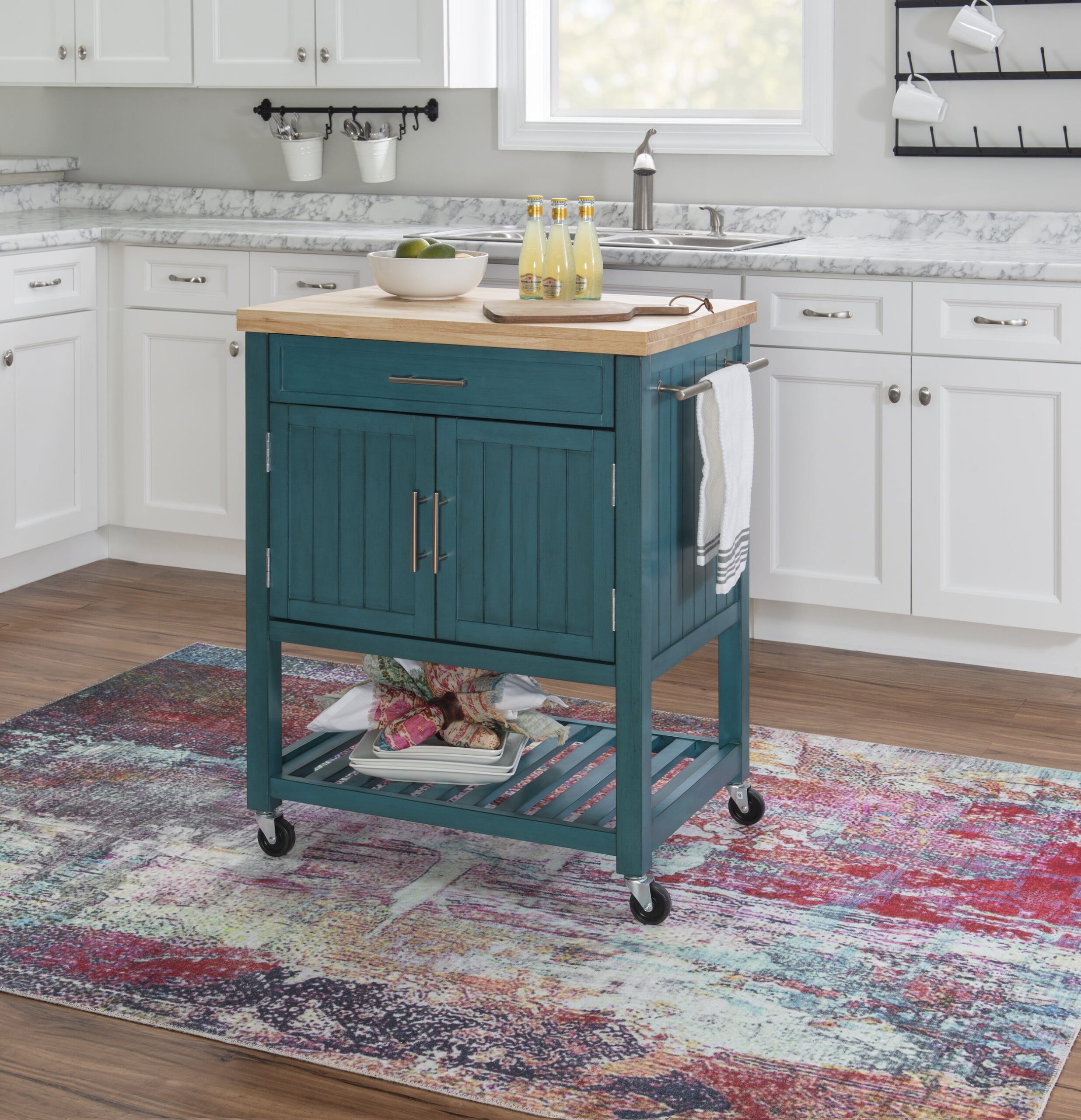 Powell Conrad Mobile Kitchen Cart. Teal with Butcher Block Top
