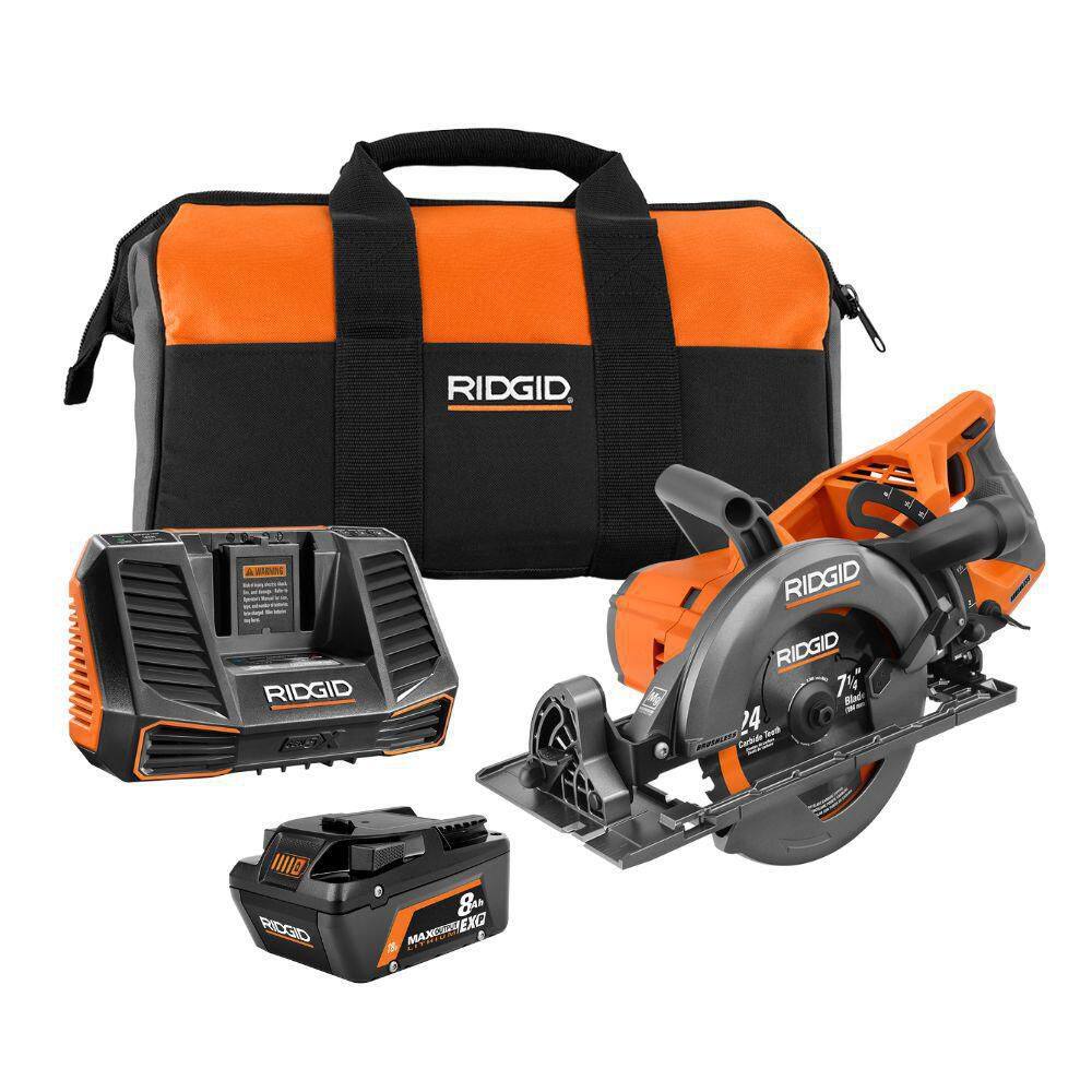 RIDGID R8658K 18V Brushless Cordless 7-1/4 in. Rear Handle Circular Saw Kit with 8.0 Ah MAX Output Battery. 18V Charger and Bag