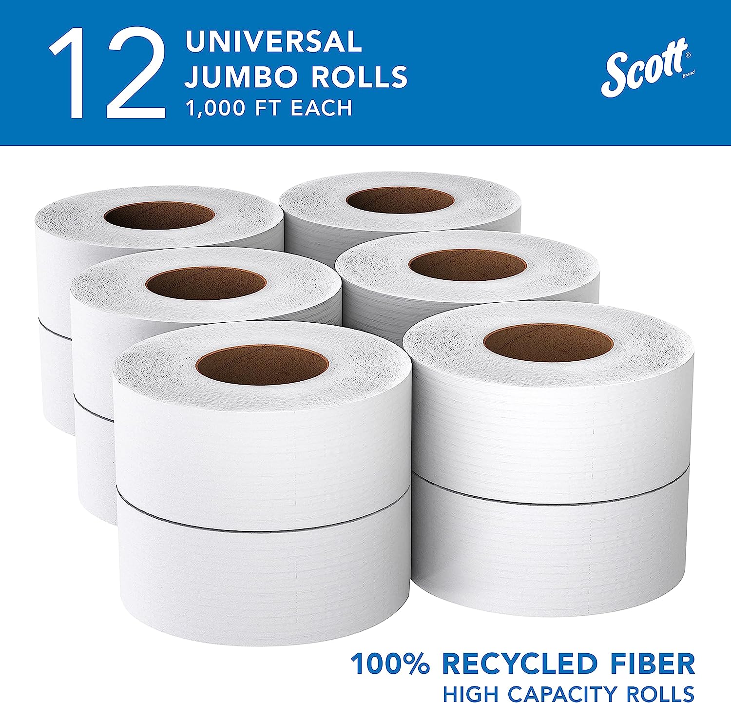 Scott® 100% Recycled Fiber High-Capacity Jumbo Roll Toilet Paper (67805). 2-Ply. White. Non-perforated. (1.000-/Roll. 12 Rolls/Case. 12.000-/Case)