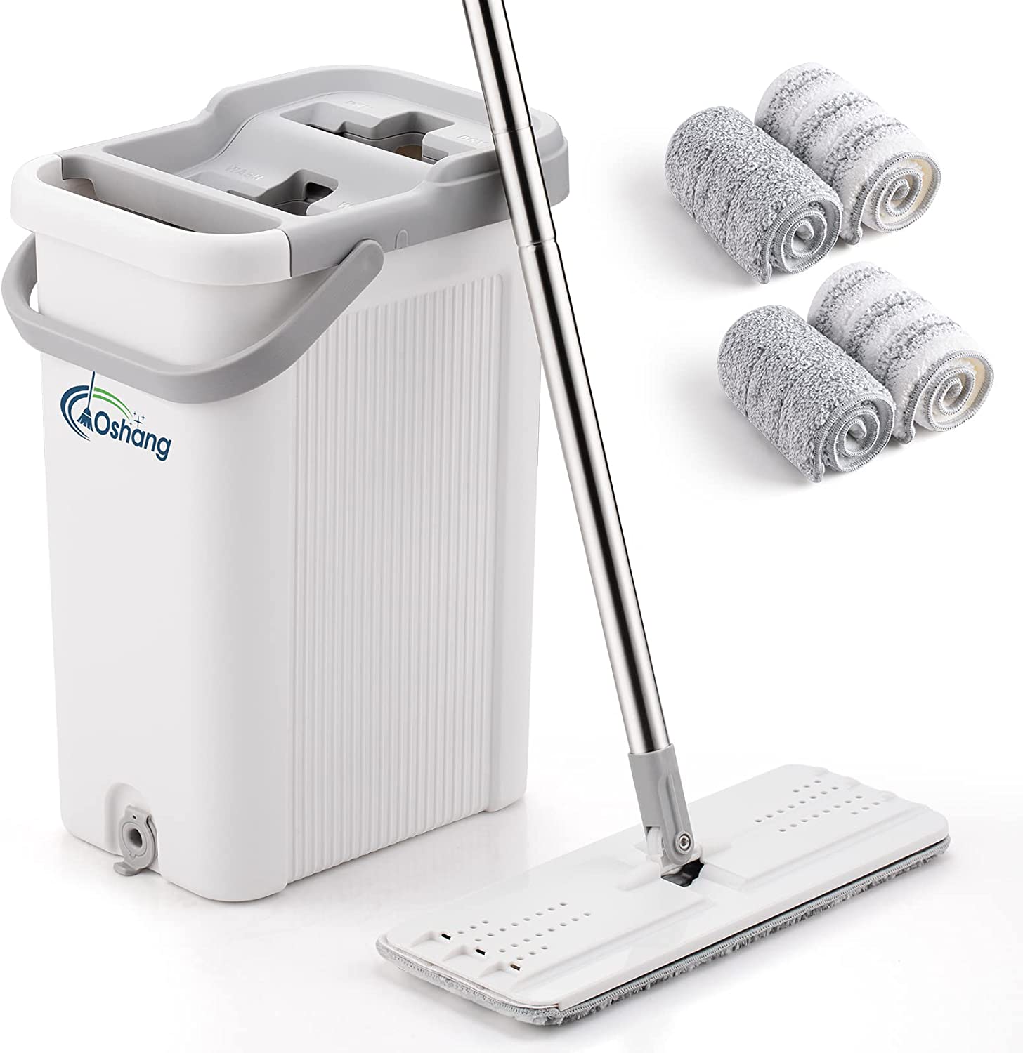 oshang Flat Floor Mop and Bucket Set for Home Floor Cleaning. Hands Free Floor Flat Mop. Stainless-Steel Handle. 4 Washable & Reusable Microfiber Pads