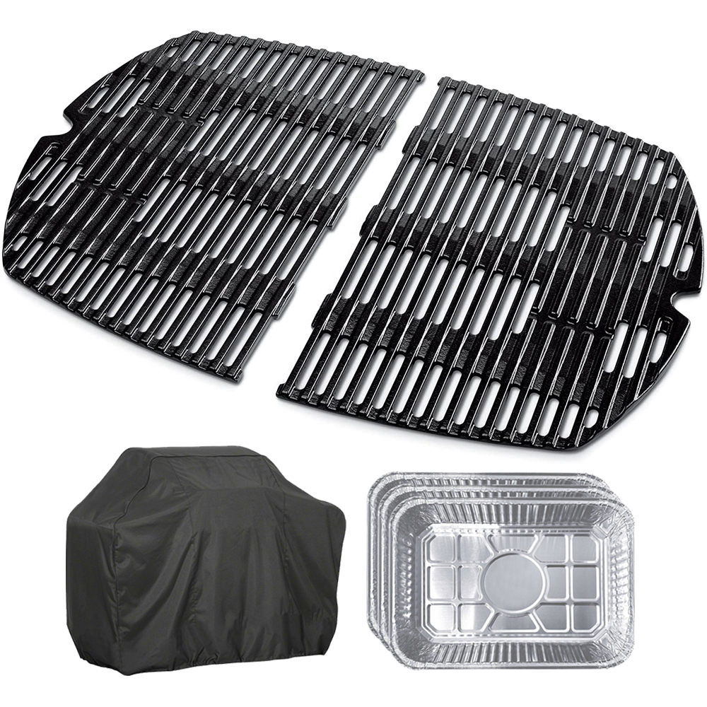 Weber 7646 Cast Iron Cooking Grates for Weber Q 300/3000 Series Grills Bundle with Generic Aluminum Drip Pans Set of 3 and Grill Cover Barbecue Waterproof Outdoor Protection