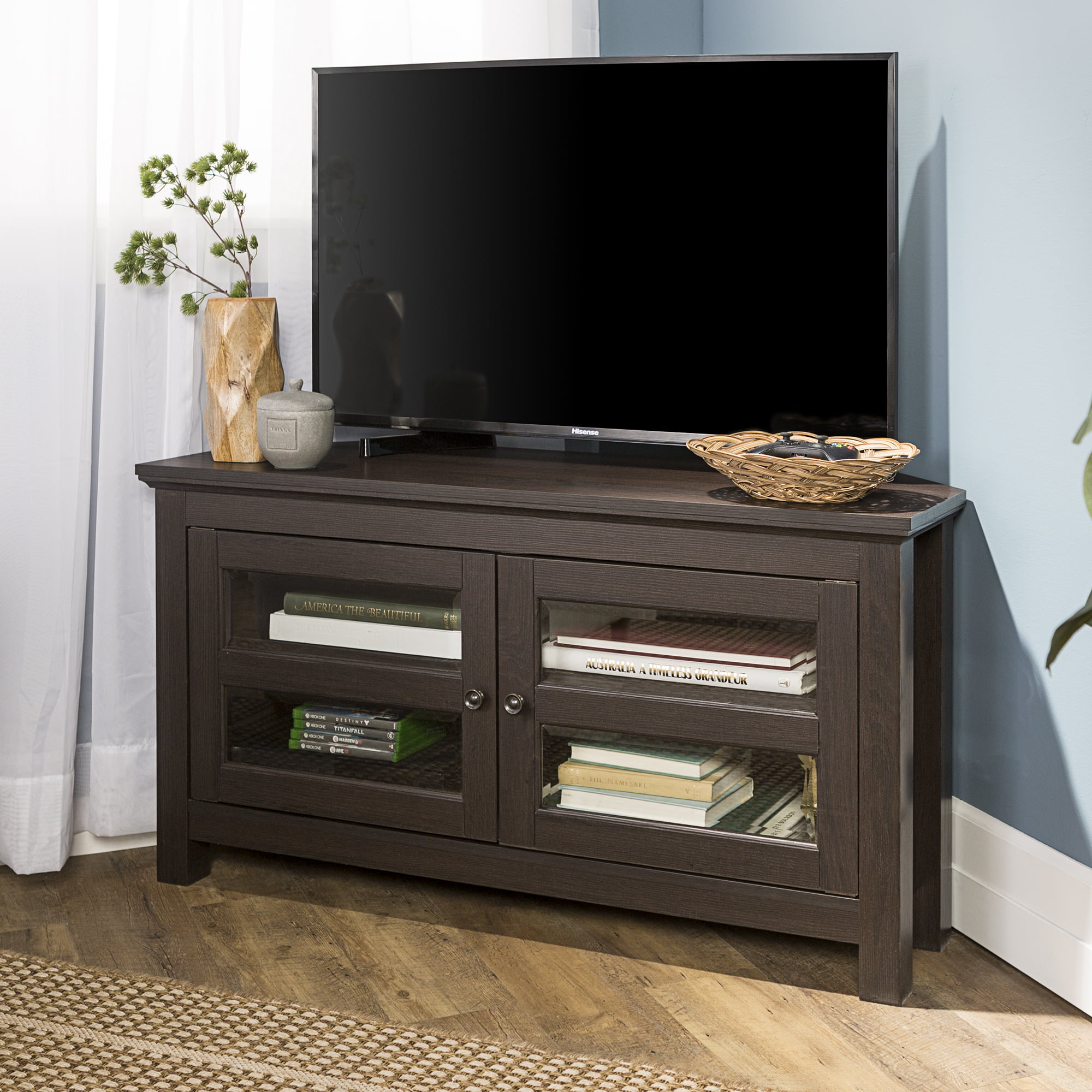 Woven Paths Modern Farmhouse Corner TV Stand for TVs up to 48″. Espresso