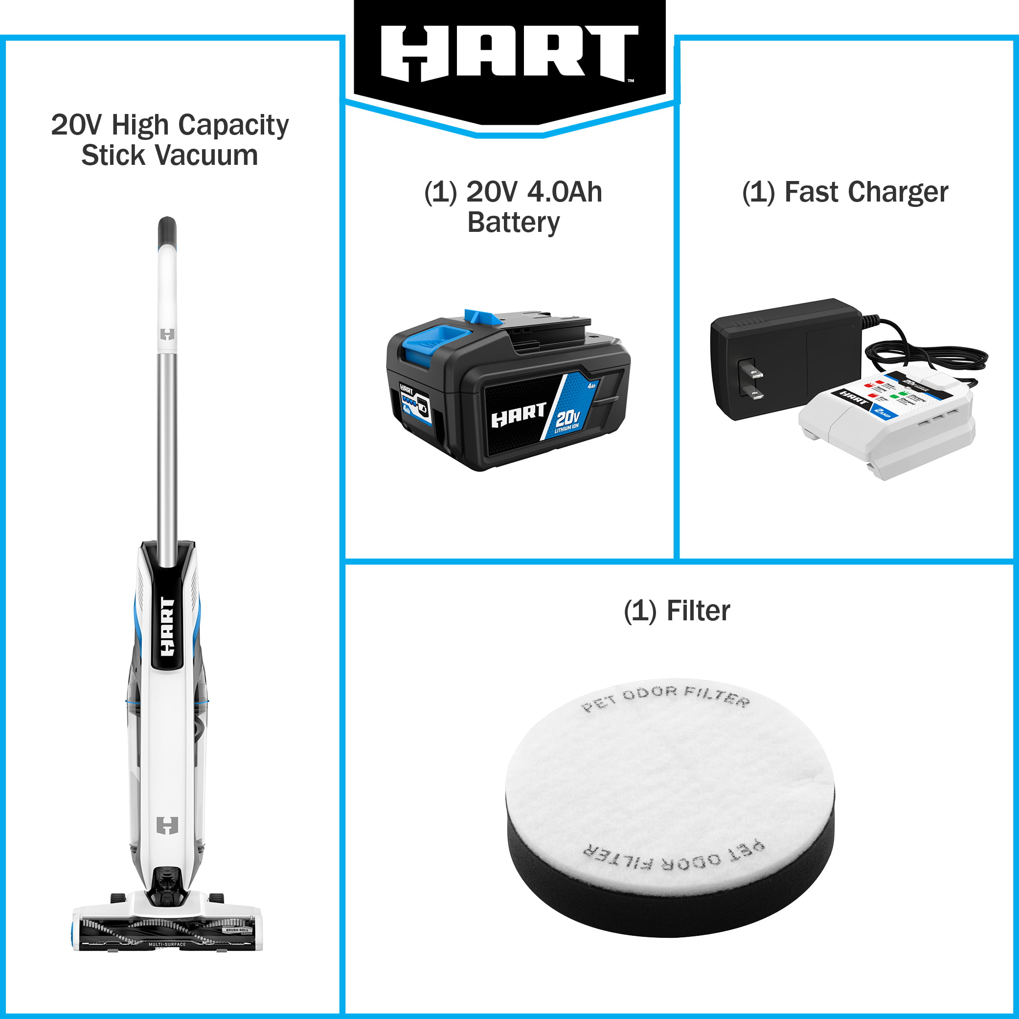 HART 20-Volt High Capacity Cordless Stick Vacuum Kit (1) 20-Volt 4.0AH Lithium-Ion Battery. Multi-Surface Cleaning