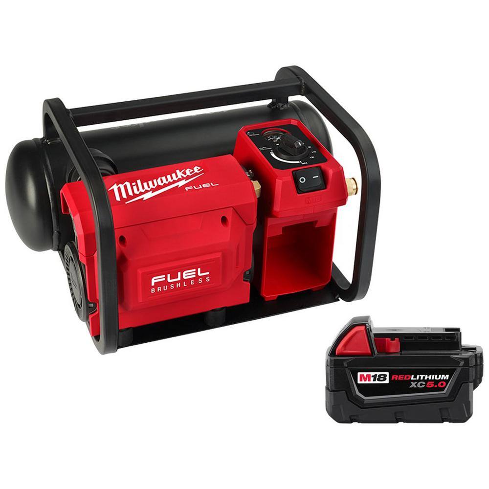 Milwaukee 2840-20-48-11-1850 M18 FUEL 18-Volt Lithium-Ion Brushless Cordless 2 Gal. Electric Compact Quiet Compressor W/ 5.0 Ah Battery