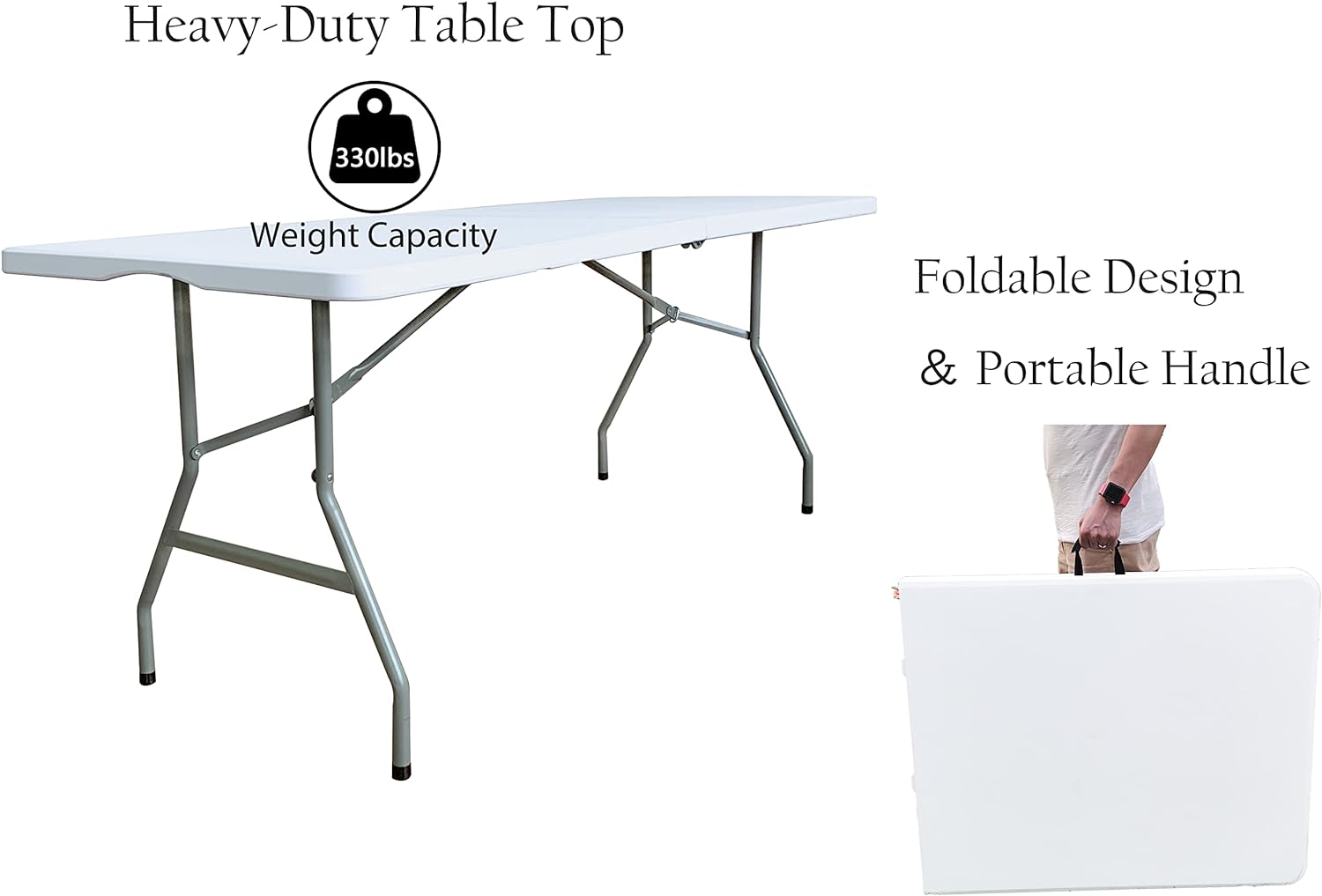 JingPieCle 6 Foot Folding Table 6ft Portable Plastic Table with Handle. Fold in Half Heavy Duty Lightweight Home Utility Table. Indoor Outdoor 6′ Folding Card Tables for Party. Picnic. Camping. Dining