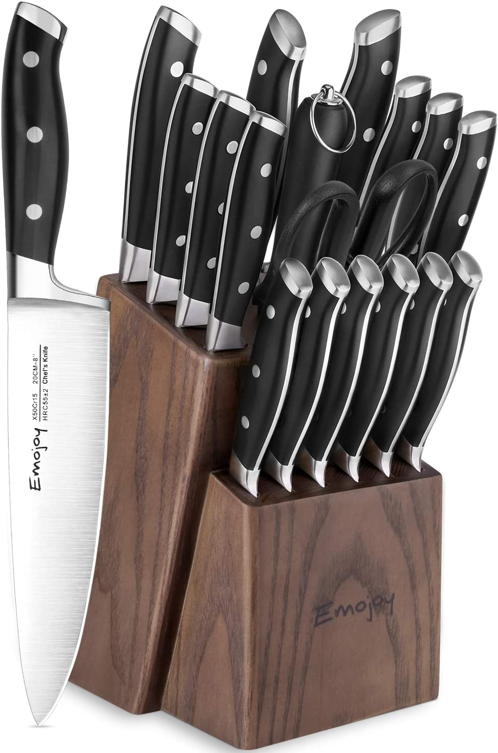 Emojoy Knife Set. 18-Piece Kitchen Knife Set with Block Wooden. Manual Sharpening for Chef Knife Set. German Stainless Steel