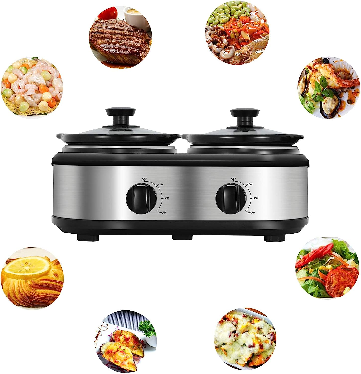 Double Slow Cooker. Buffet Servers and Warmers. Dual 2 Pot Slow Cooker Food Warmer. Adjustable Temp Dishwasher Safe Removable Ceramic Pot Glass Lid. 2 x 1.25 QT Portable Small Crock Cooker