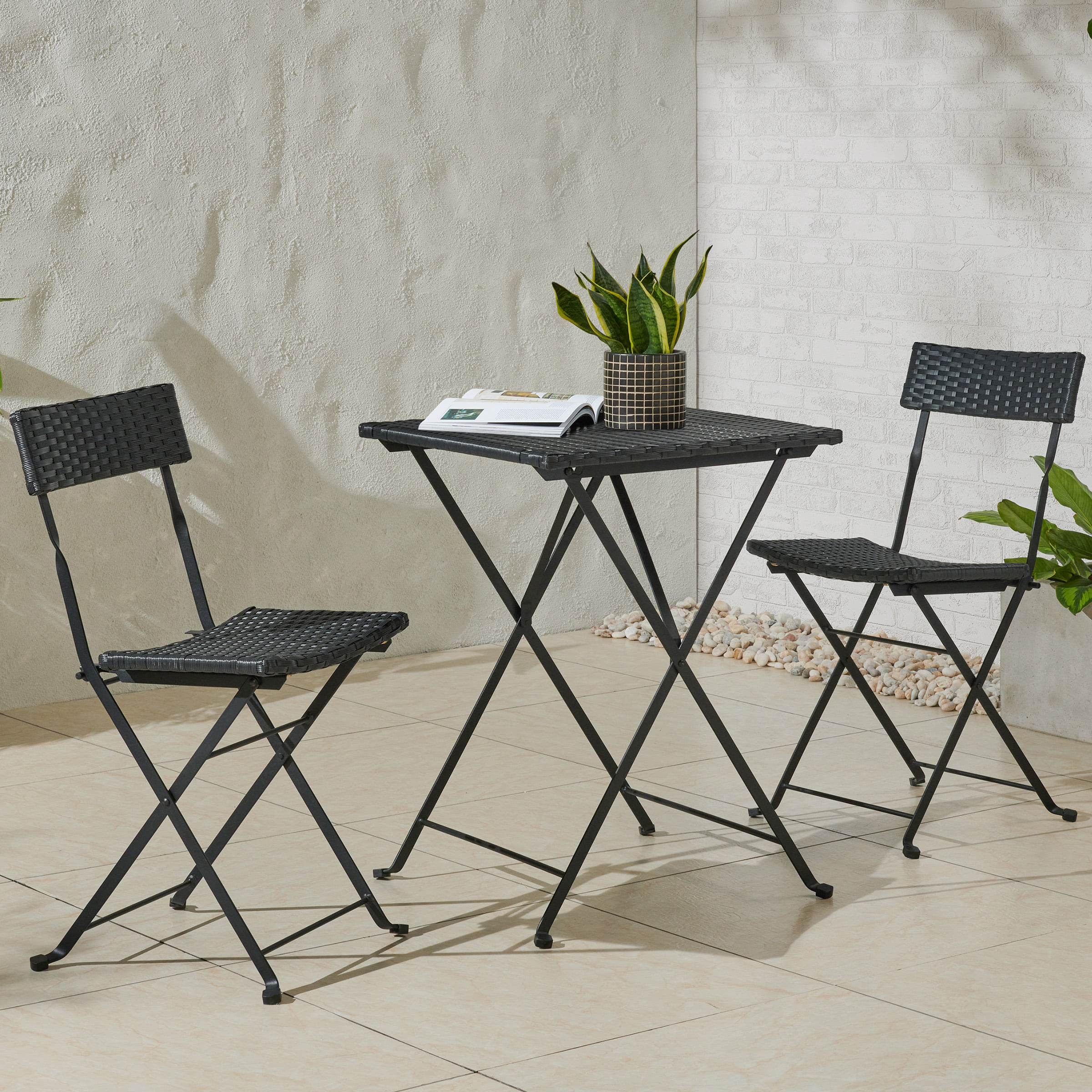 Lavish Home Folding Patio Bistro Set – 3-Piece Rattan Wood and Steel Café Table and Chairs. Black