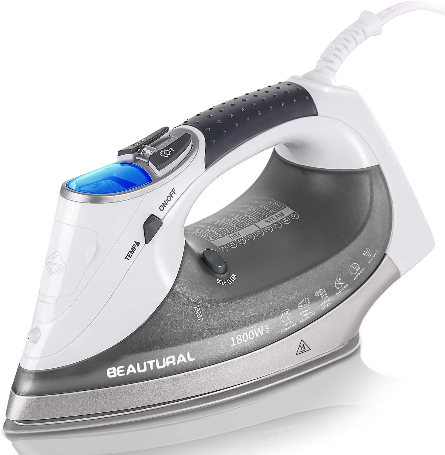 BEAUTURAL 1800-Watt Steam Iron with Digital LCD Screen. Double-Layer and Ceramic Coated Soleplate. 3-Way Auto-Off. 9 Preset Temperature and Steam Settings for Variable Fabric