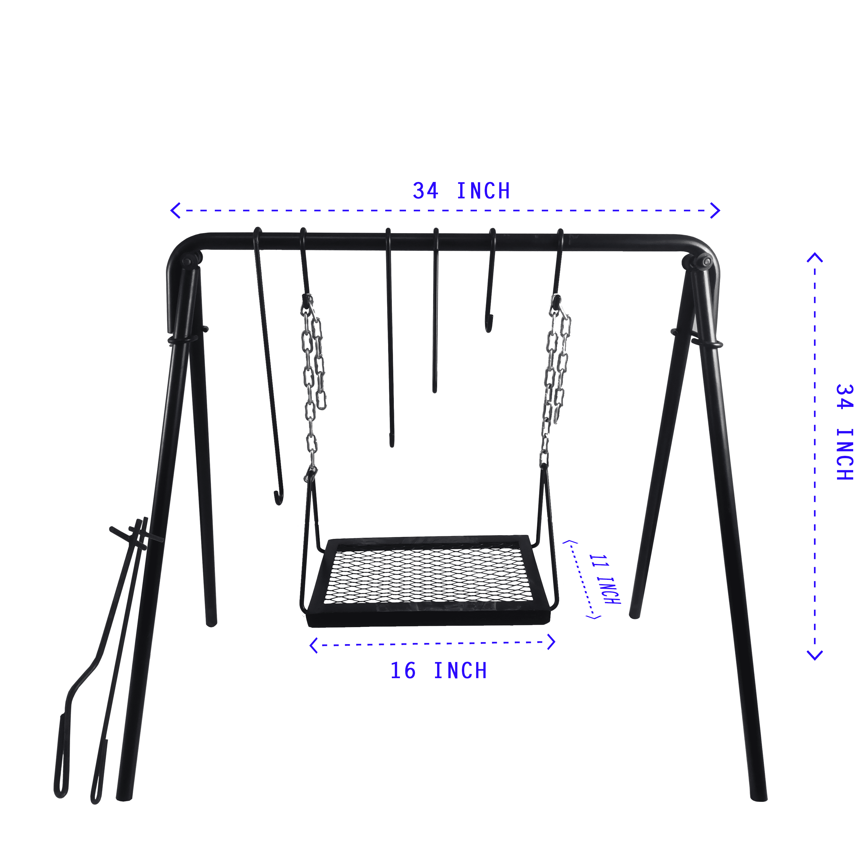 34 Grill Swing Campfire Cooking Stand BBQ Grill for Cookware Adjustable Collapsible Legs with Hooks & Accessories. Swing Grill for Outdoor Picnic Camping Bonfire Party