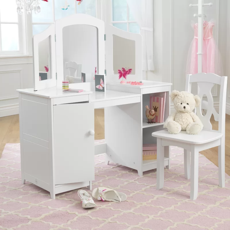 KidKraft Wooden Deluxe Vanity & Chair with Triple Mirror & Shelves. White