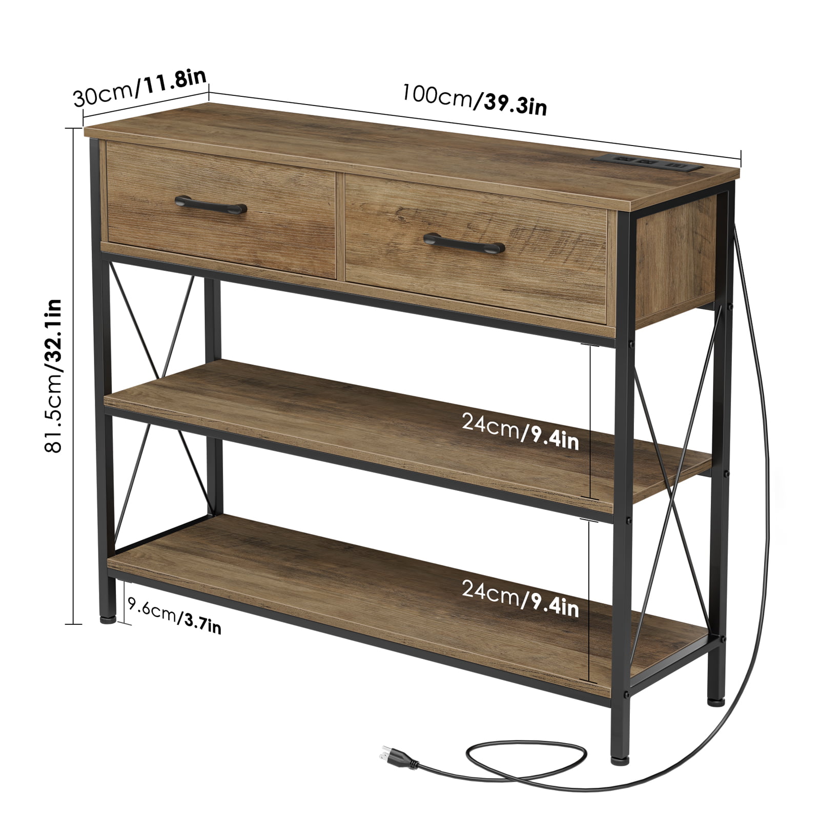 Homfa Console Table with Charging Station. 3 Tier Entryway Table with Drawer. Rustic Brown