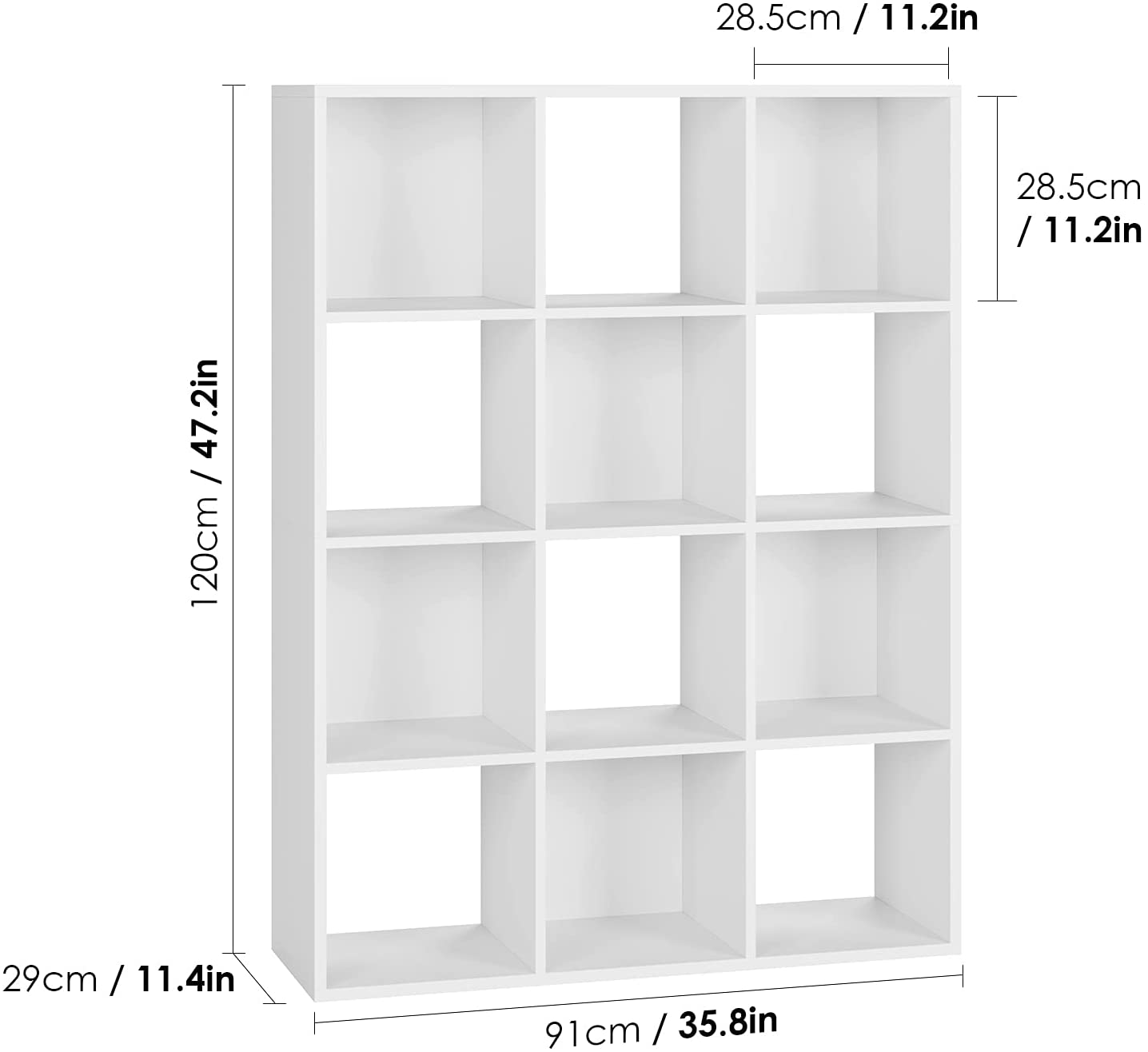 Homfa Storage Organizer. 12 Cube Bookcase with Wooden Frame. Open Closet Standing Book Shelving Cabinet for Living Room. Bedroom. Study Room. Office. 35.8″ L x 11.4 W x 47.5 H. White