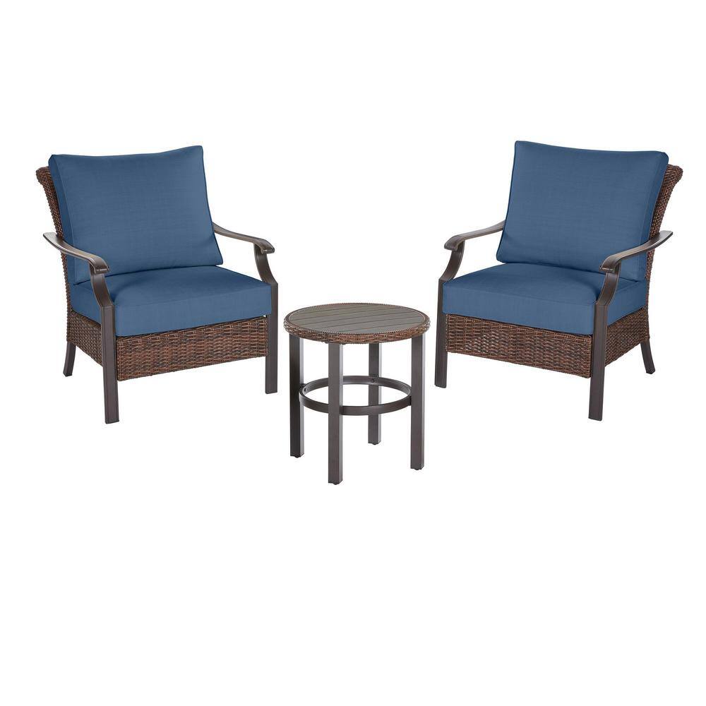 Hampton Bay  Harper Creek 3-Piece Brown Steel Outdoor Patio Chair Set with CushionGuard Sky Blue Cushions