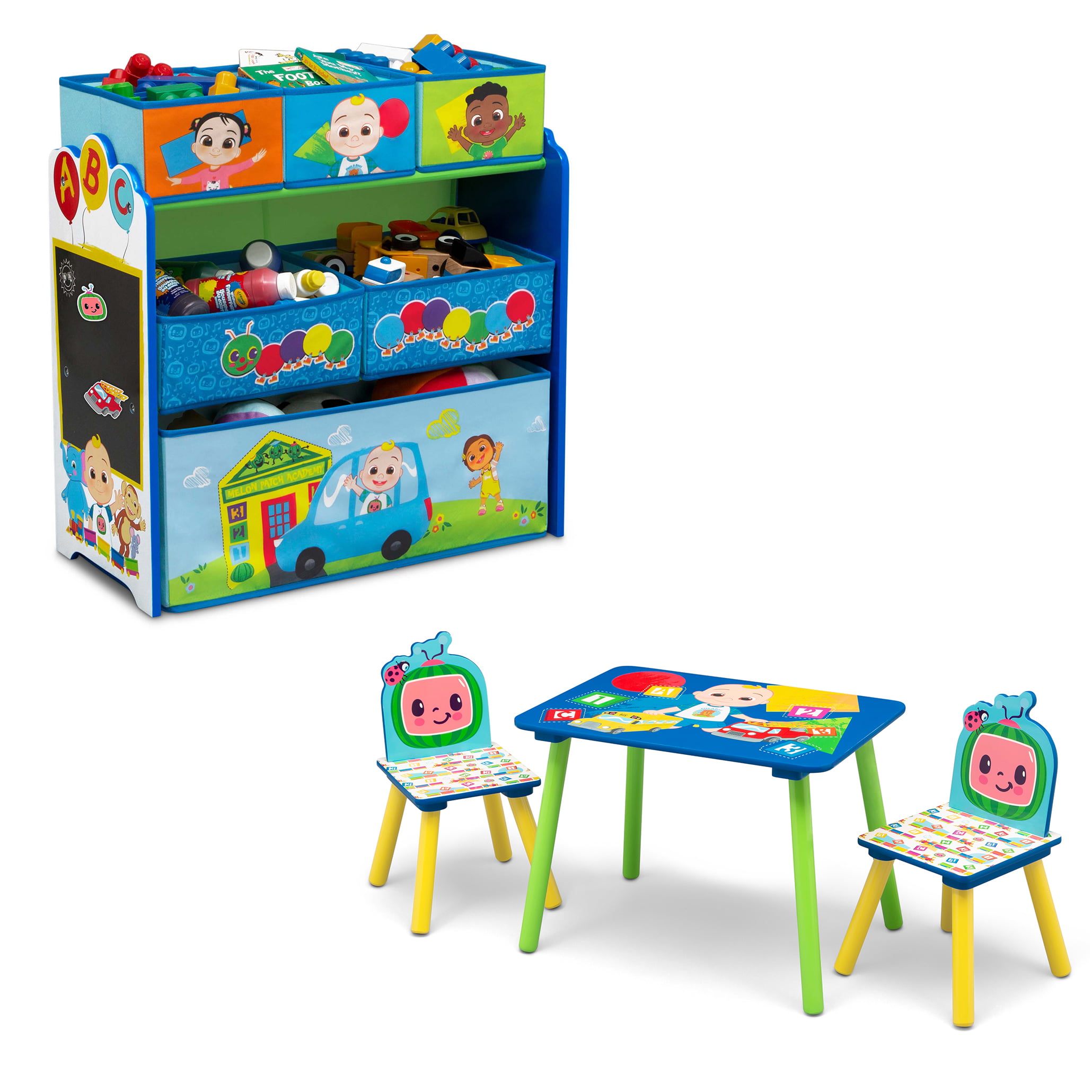 CoComelon 4-Piece Toddler Playroom– Includes Play Table Toy Organizer. Greenguard Gold Certified. Blue/Green