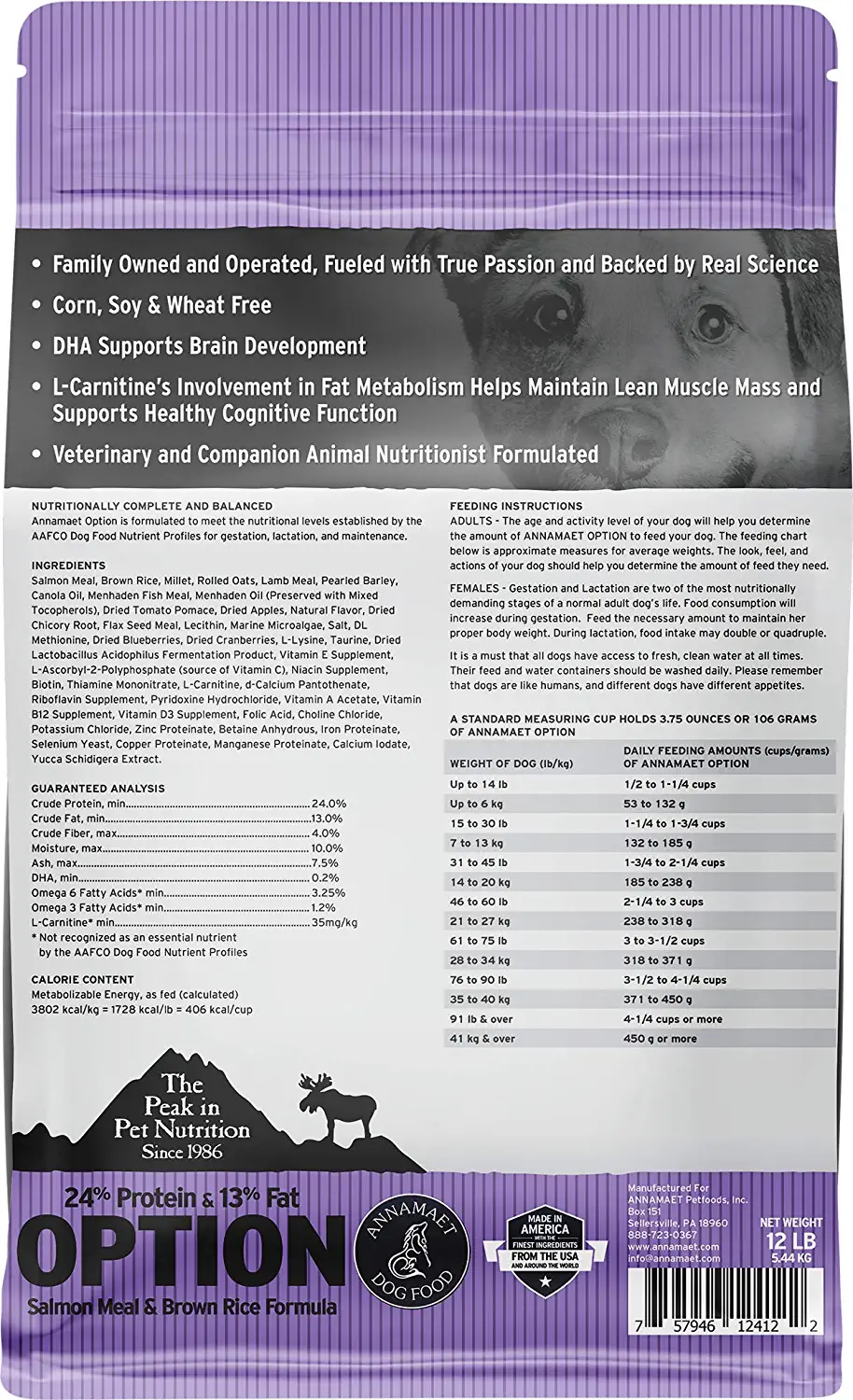 Annamaet Original Option Formula Dry Dog Food 24% Protein (Salmon & Brown Rice) 12-lb Bag