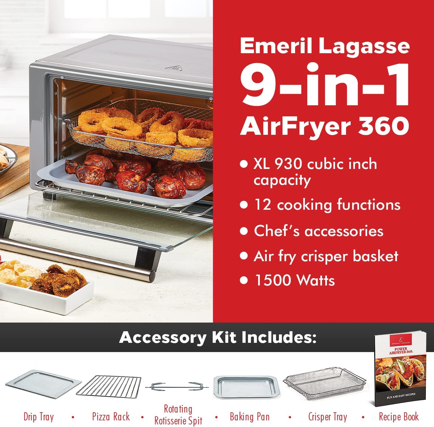 Emeril Lagasse Power Air Fryer 360 Better Than Convection Ovens Hot Air Fryer Oven. Toaster Oven. Bake. Broil. Slow Cook and More Food Dehydrator. Rotisserie Spit. Pizza Function Cookbook Included (Stainless Steel)