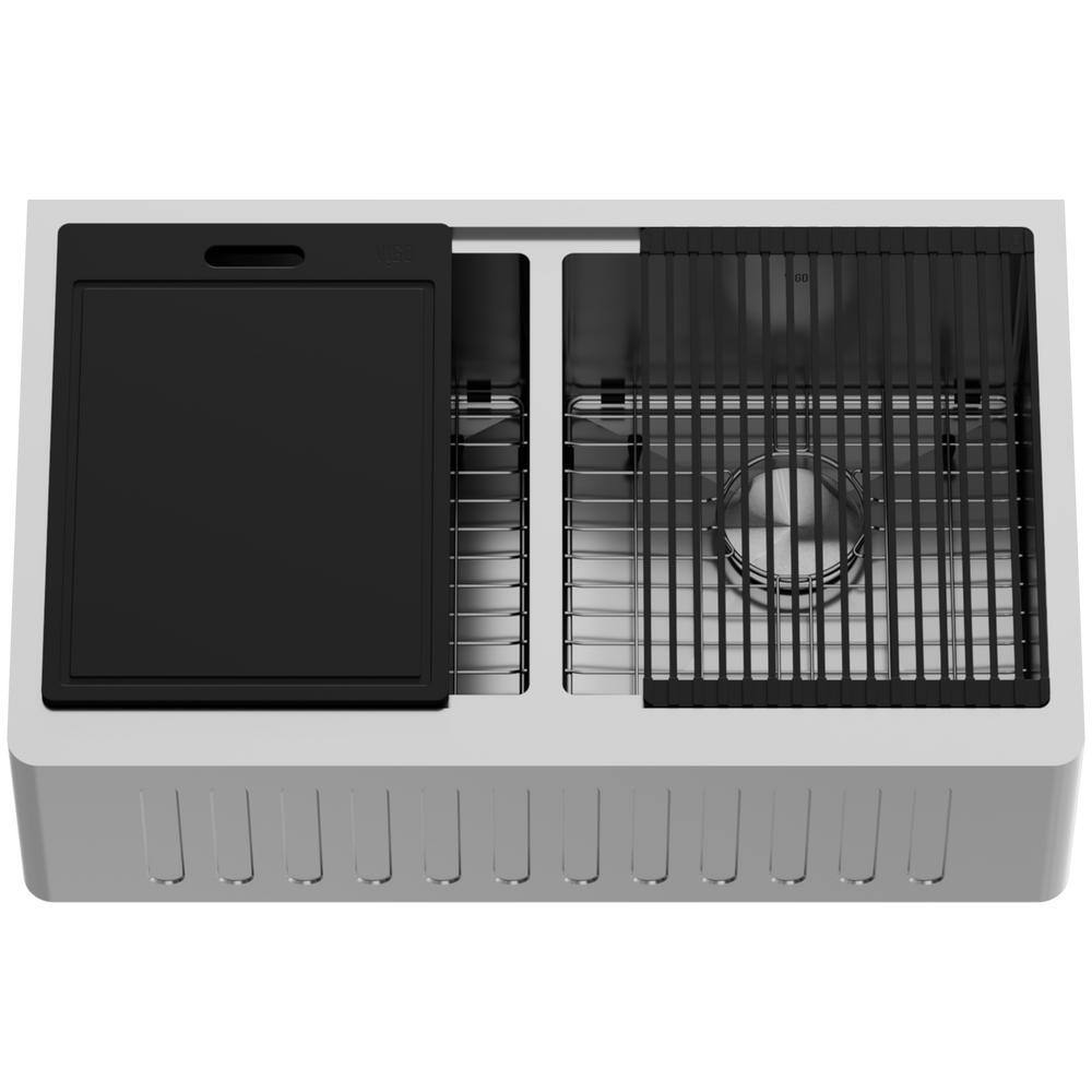 VIGO 1004812035 Oxford 33″ Double Bowl Workstation Undermount Stainless Steel Farmhouse Sink with Ledge and Accessories