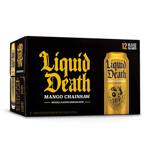 Liquid Death Sparkling Water. Mango Chainsaw 16.9 oz. Tallboys (12-Pack)