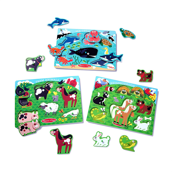 Melissa & Doug Animals Wooden Peg Puzzles Set - Farm. Pets. and Ocean