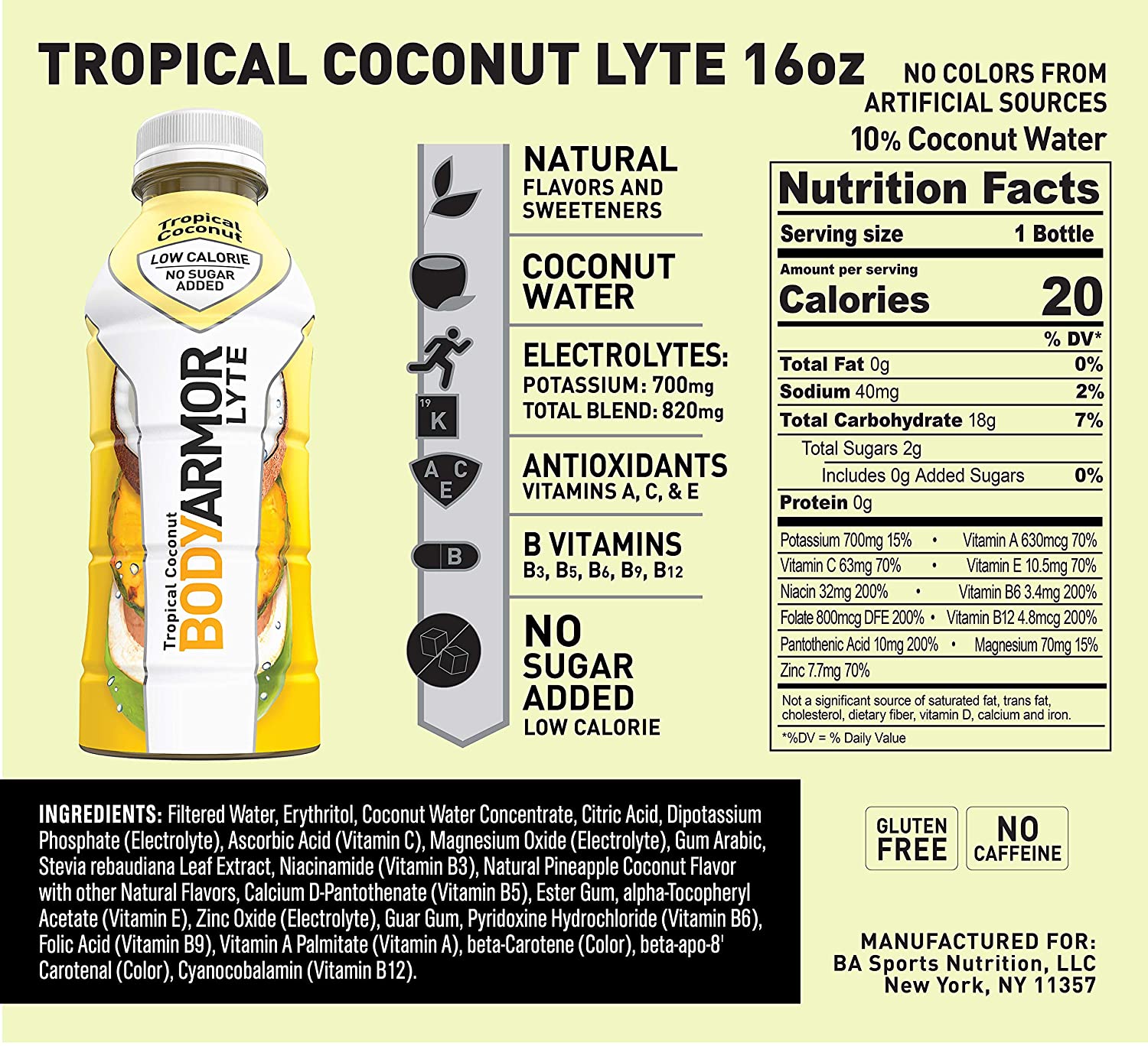BODYARMOR LYTE Sports Drink Low-Calorie Sports Beverage. Tropical Coconut. Natural Flavors With Vitamins. 16 Fl Oz (Pack of 12)