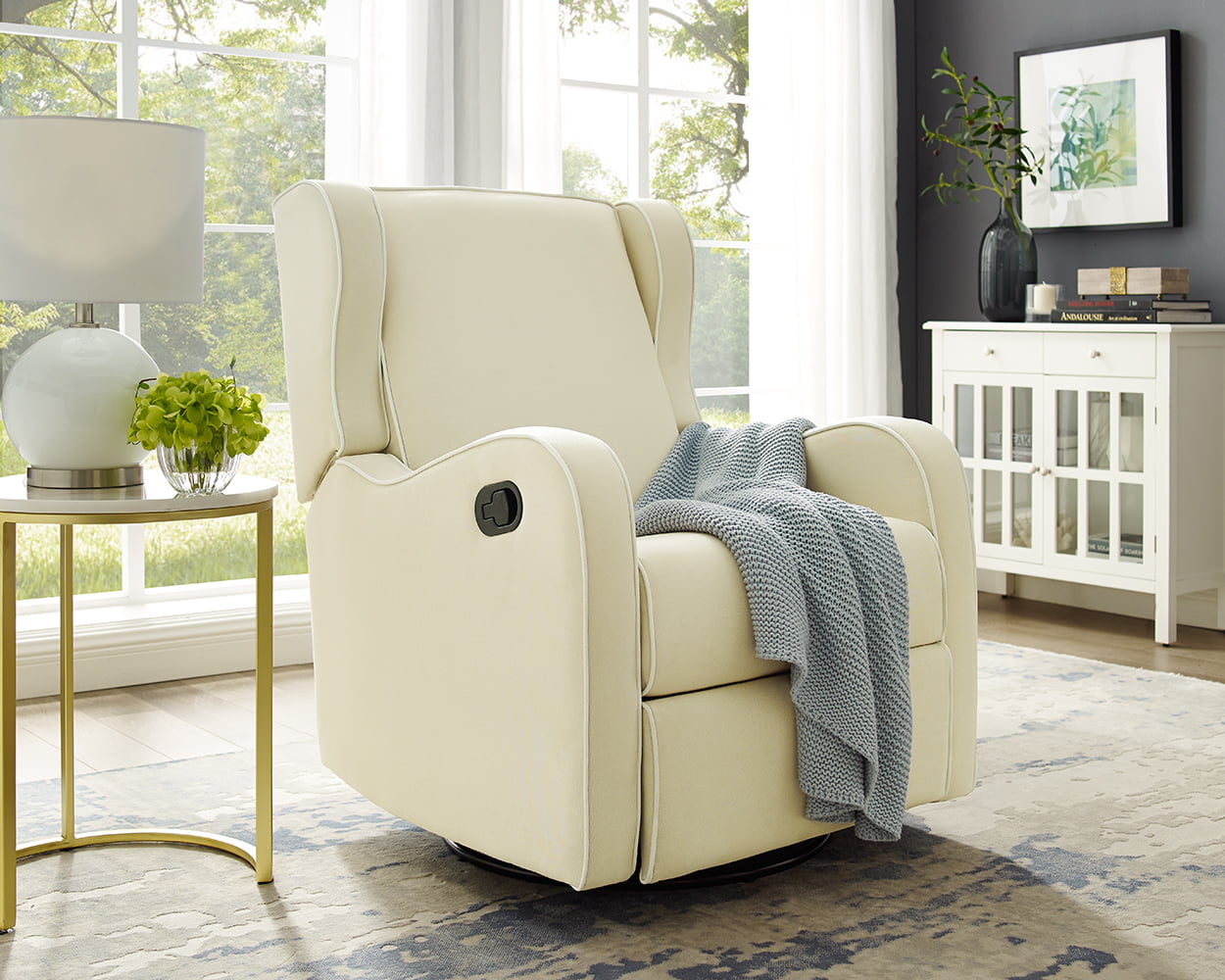 Angel Line Rebecca Upholstered Swivel Gliding Recliner. Beige