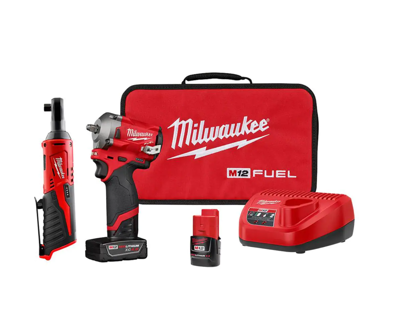Milwaukee 2554-22-2457-20 M12 FUEL 12V Lithium-Ion Brushless Cordless Stubby 3/8 in. Impact Wrench Kit with M12 3/8 in. Ratchet