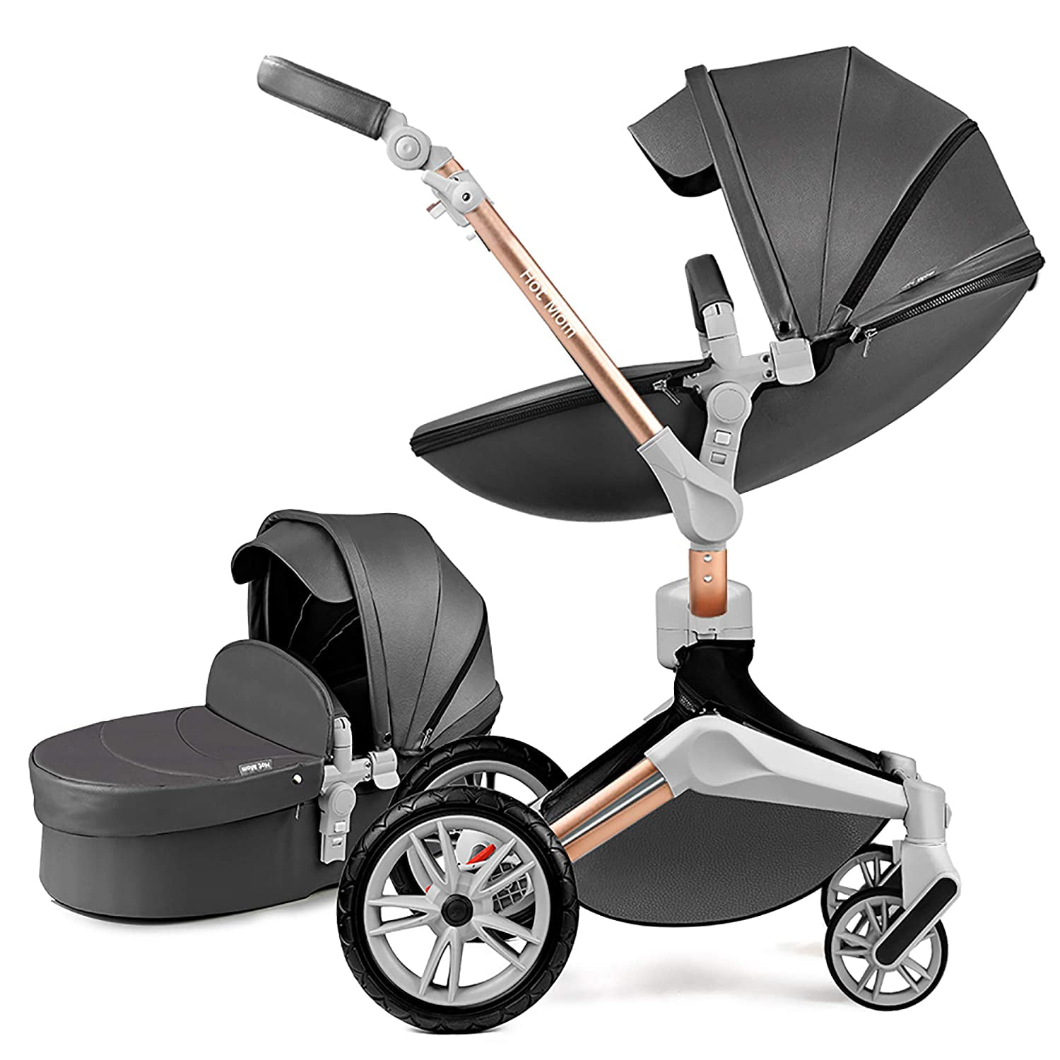 Hot Mom 360 Rotate Baby stroller with PU Leather.Reversible travel system.Unisex.Dark Gery