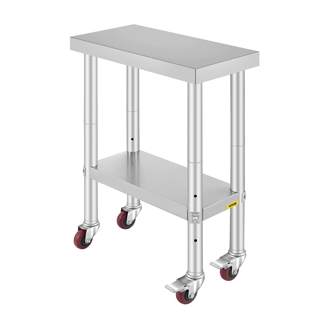 VEVORbrand Stainless-Steel Work Table 24 x 12 Inches with 4 Wheels for Commercial Kitchen Restaurant