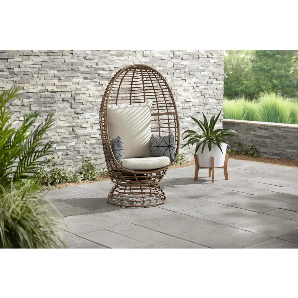 StyleWell FRS50006B-BR Outdoor Swivel Patio Egg Lounge Chair with Beige Cushions and Black/Cream Pattern Pillows