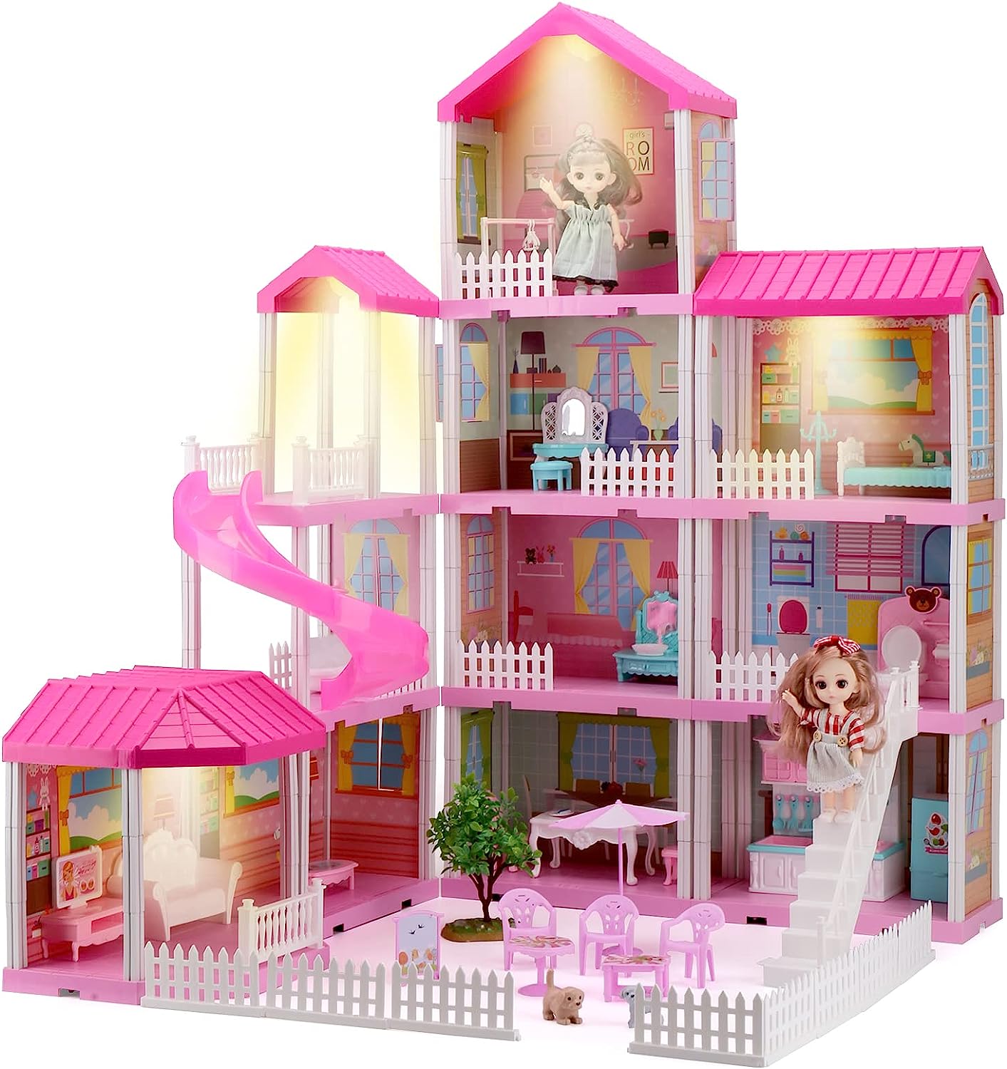 HCFJEH Dollhouse Play House for Girl. Doll House with Lights & Two Dolls & Furniture Accessories. Toddler DIY Princess House Playhouse Pretend Set Toy. Birthday Gift for 3 4 5 6 7 Year Old(11 Room)