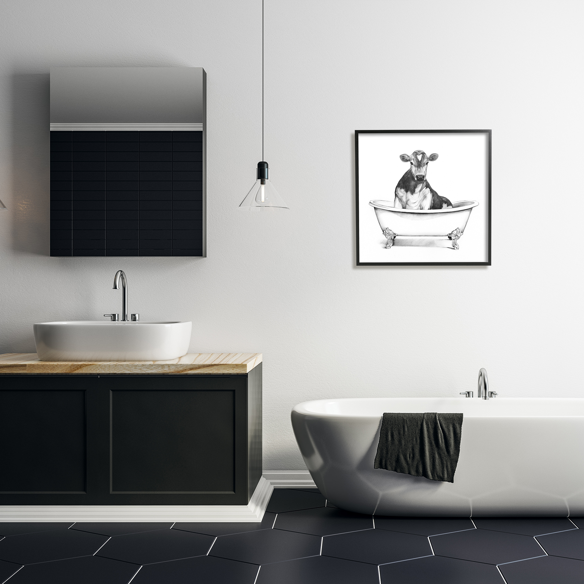 Stupell Industries Cow in Claw Tub Minimal Farm Animal Sketch Drawings Black Framed Art Print Wall Art. 24×24. by Victoria Borges