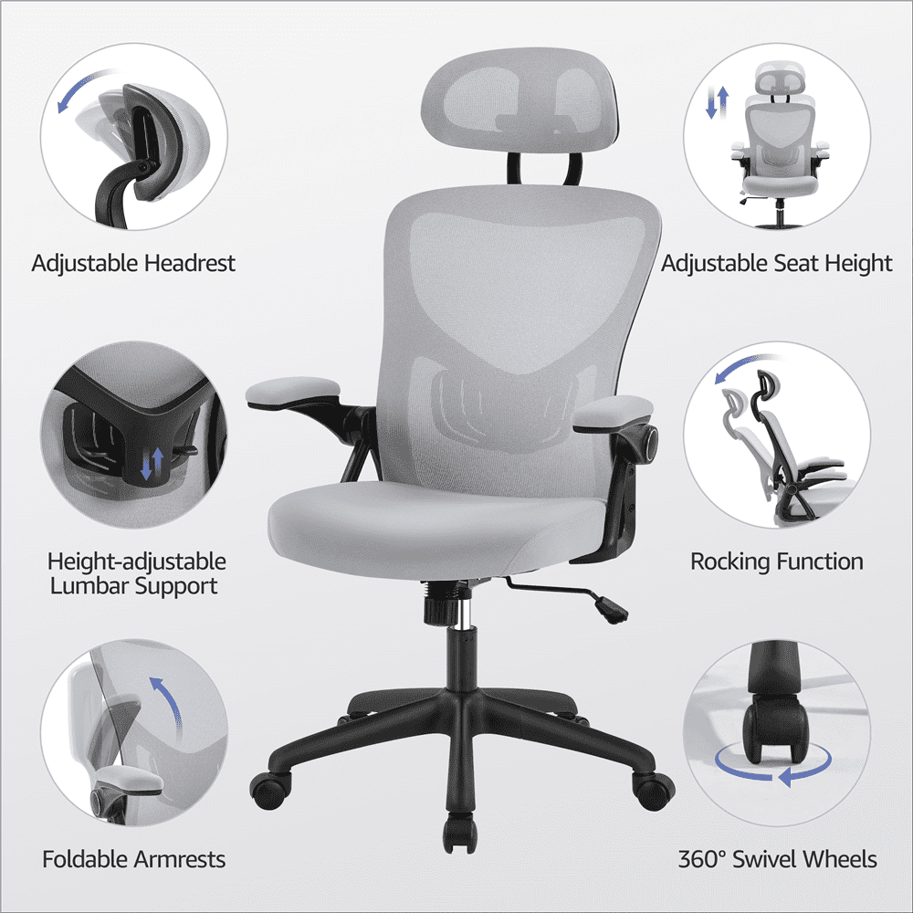 Smile Mart High Back Ergonomic Mesh Office Chair with Folding Padded Armrests. Light Gray