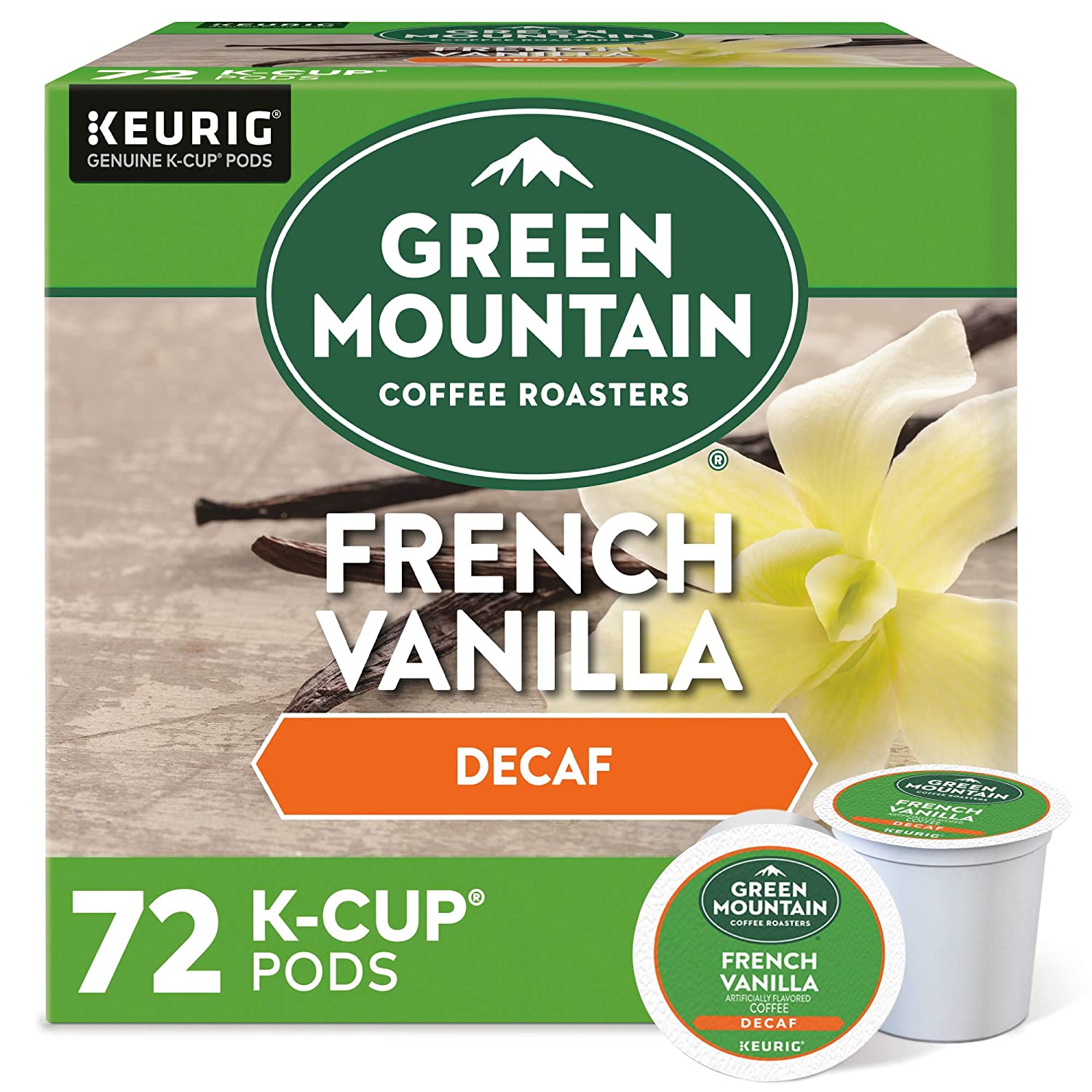 Green Mountain Coffee Roasters French Vanilla Decaf. Single-Serve Keurig K-Cup Pods. Flavored Light Roast Coffee. 72 Count