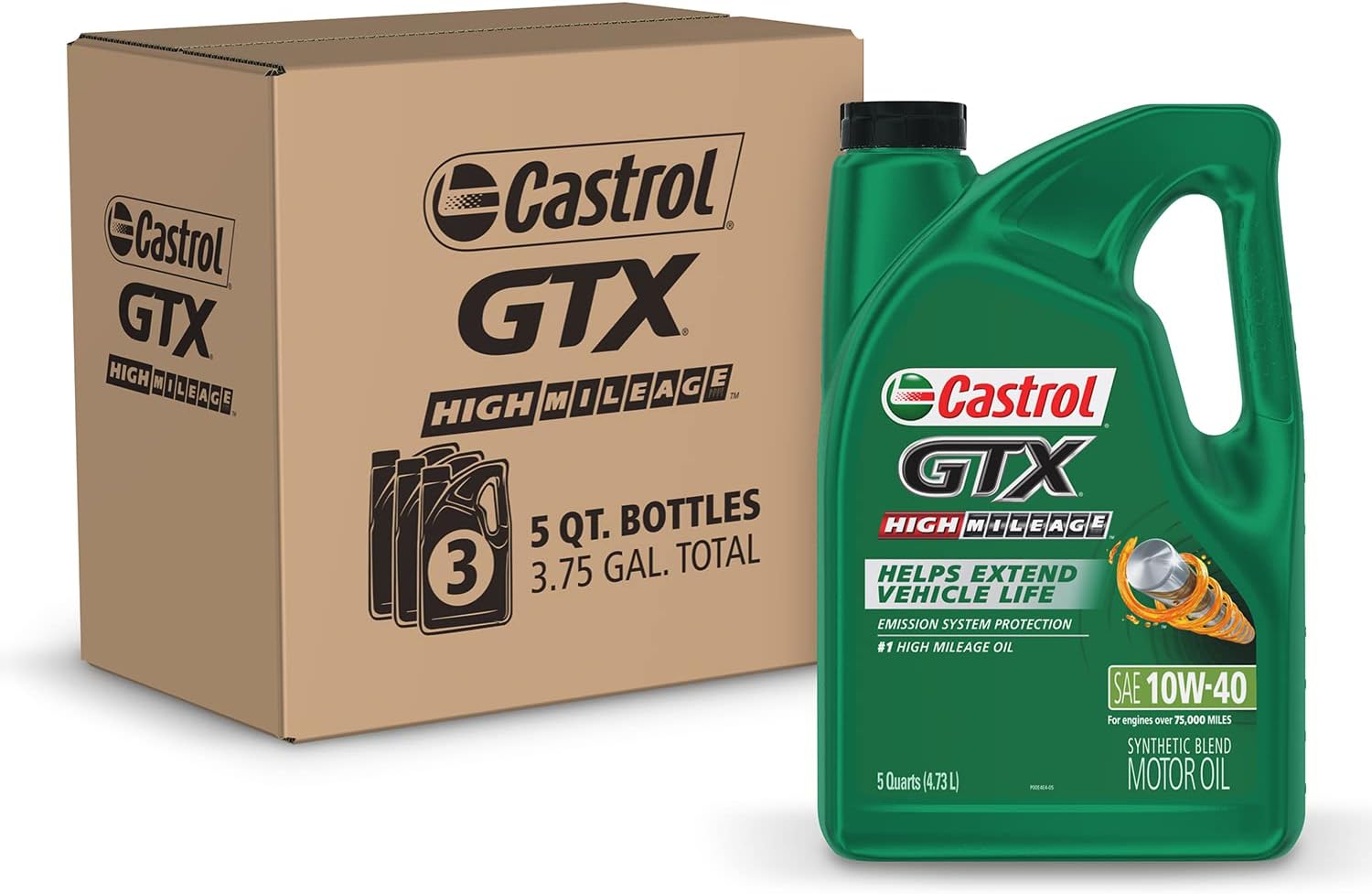 Castrol GTX High Mileage 10W-40 Synthetic Blend Motor Oil. 5 Quarts. Pack of 3