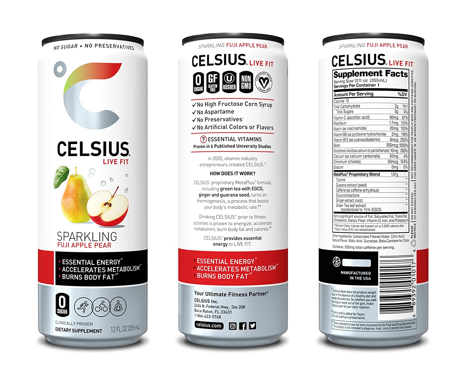 CELSIUS Essential Energy Drink 12 Fl Oz. Sparkling Fuji Apple Pear (Pack of 12)