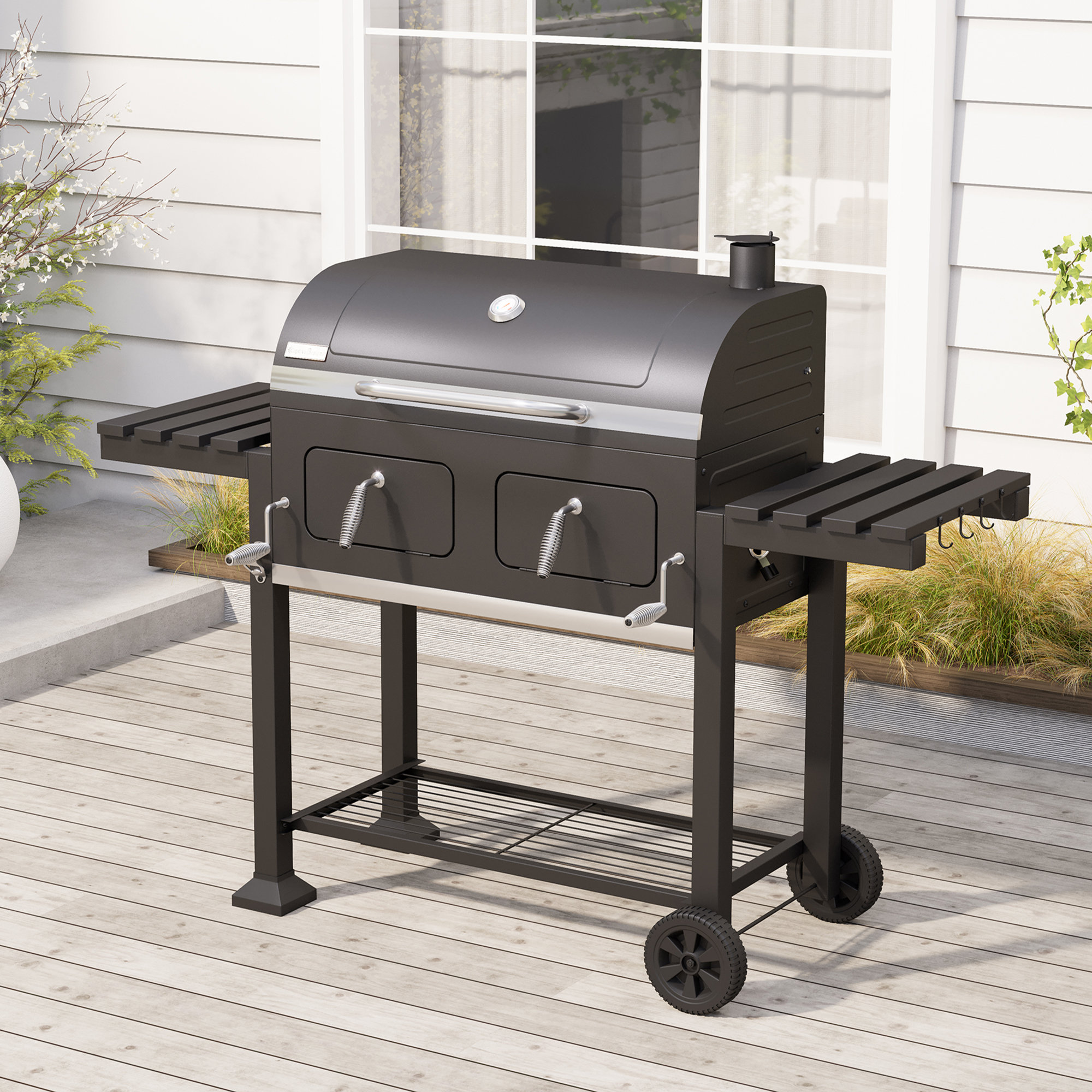 Alphamarts 34″ Barrel Charcoal Grill with Two Individual Liftable Charcoal Trays to Achieve Dual Zone Cooking
