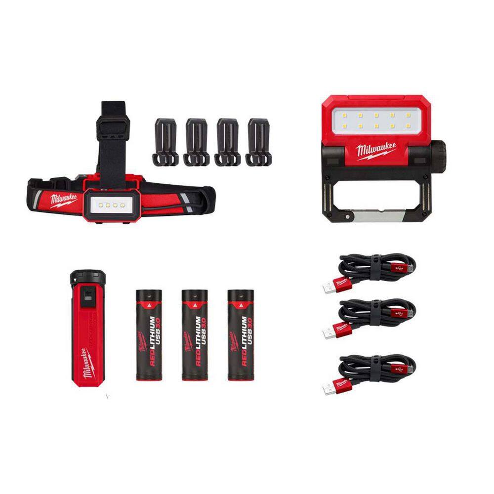 Milwaukee 2114-21H-2115-21H-48-59-2013H 550 Lumens LED REDLITHIUM USB Pivoting Flood Light with 600 Lumens Low-Profile Headlamp and Portable Power Source Kit