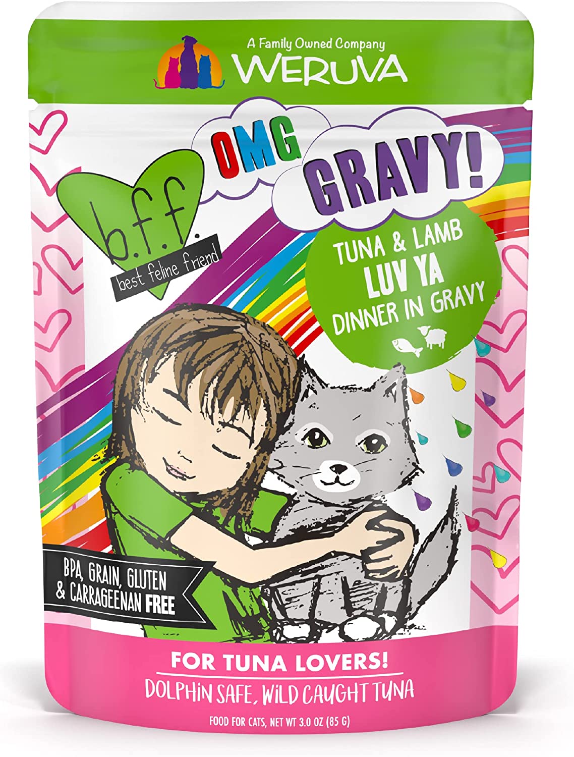 Weruva B.F.F. OMG - Best Feline Friend Oh My Gravy!. Tuna & Lamb Luv Ya with Tuna & Lamb in Gravy Cat Food. 3oz Pouch (Pack of 12)