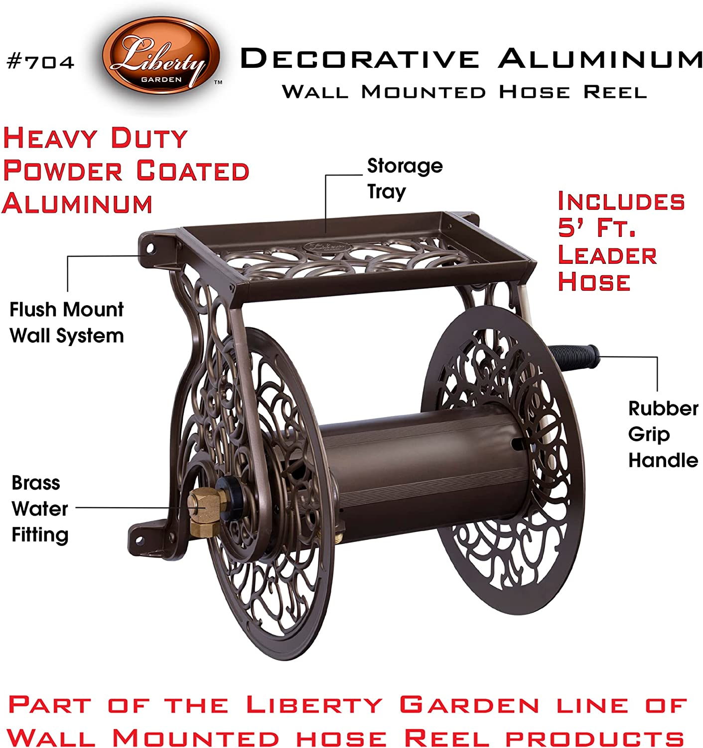 Liberty GARDEN 704 Decorative Cast Aluminum Wall Mount Garden Hose Reel. Holds 125-Feet of 5/8-Inch Hose - Bronze
