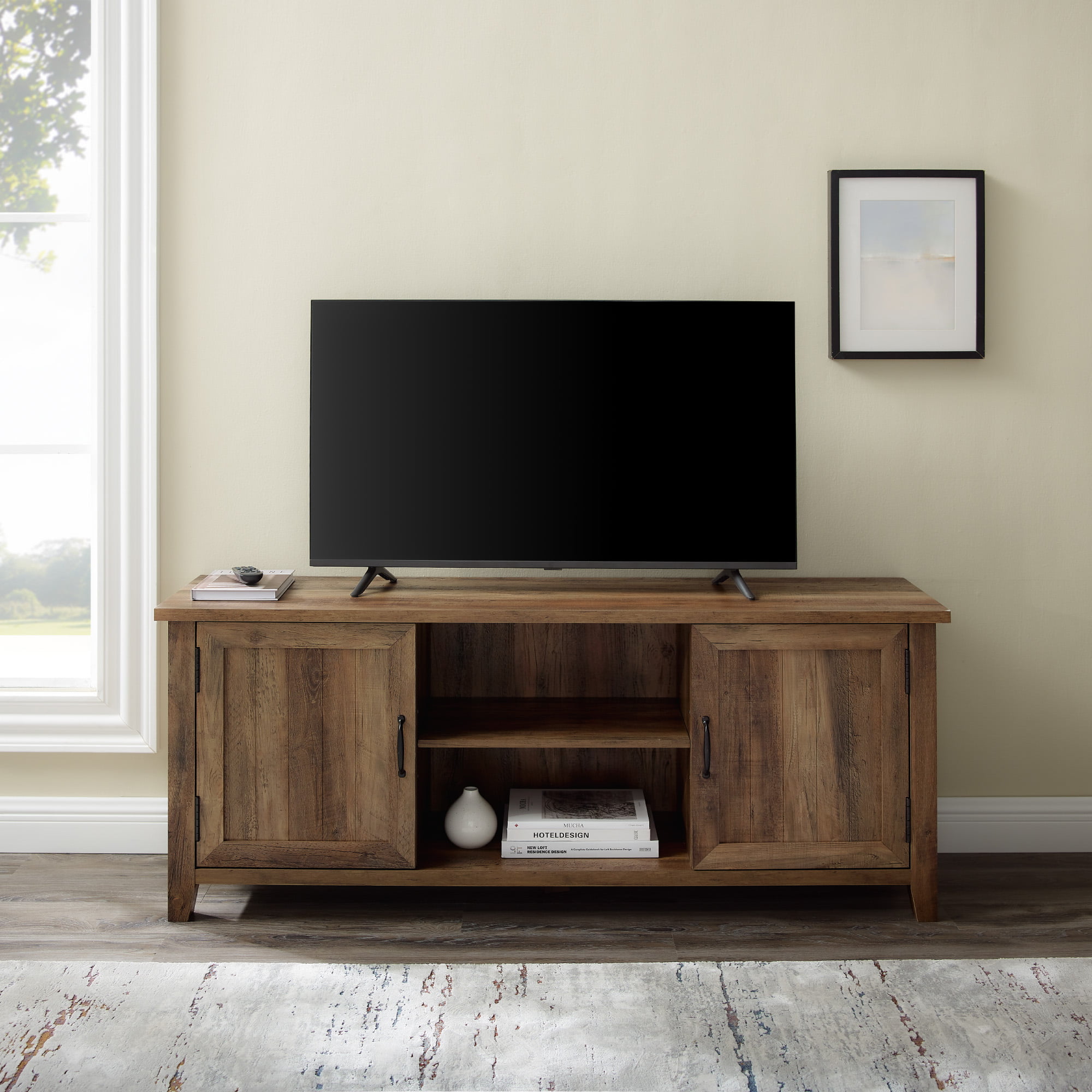 Woven Paths Franklin Grooved 2-Door TV Stand for TVs up to 65″. Reclaimed Barnwood